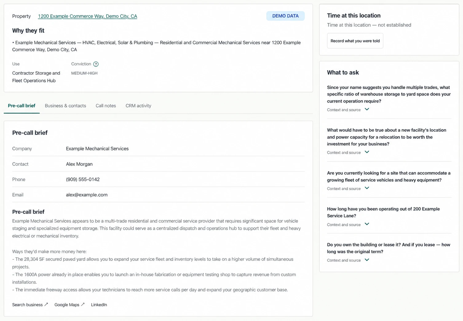 Demo TenantScout lead detail: Example Commerce Way property match, pre-call brief, possible revenue angles, and tailored discovery questions