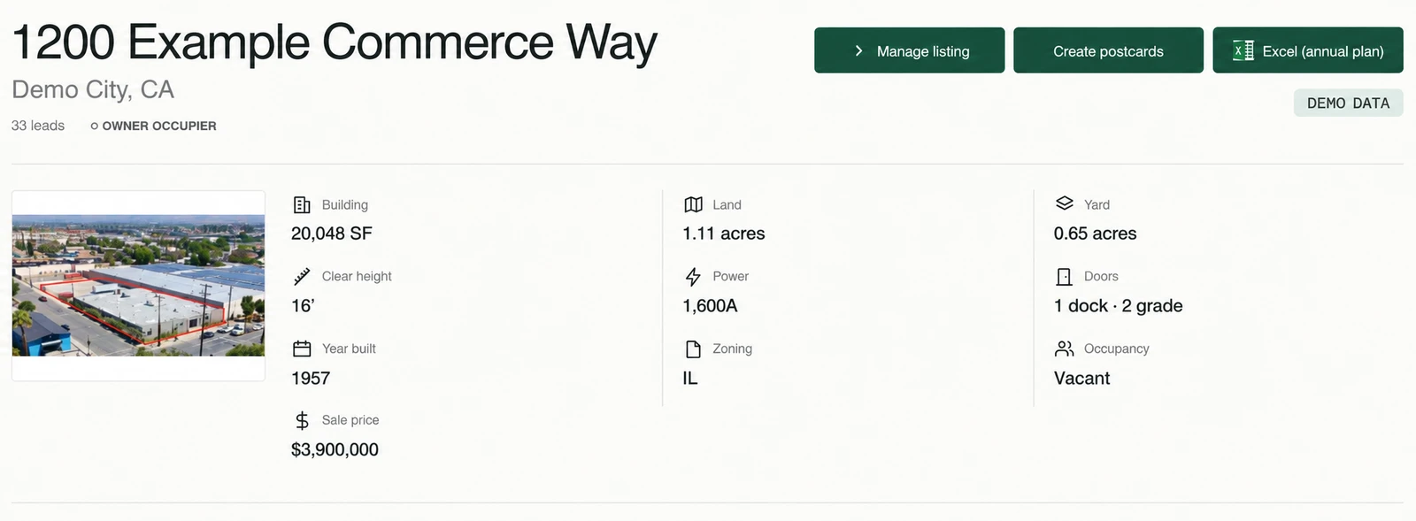 Demo TenantScout property profile for 1200 Example Commerce Way with building area, yard, power, loading, zoning, and pricing
